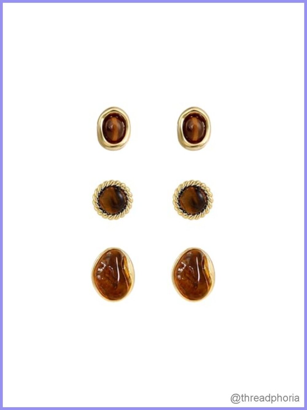 3 Pairs Gold Tone Stud Earrings Set for Women Oval Round Rope Baroque